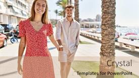  Presentation with young happy couple - Presentation theme consisting of young-hispanic-couple-on-vacation background and a coral colored foreground