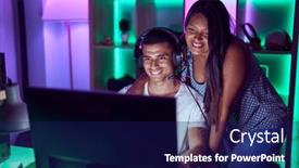  Presentation with video games playing - Presentation design consisting of young-hispanic-couple-playing-video background and a  colored foreground