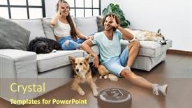  Presentation with robot eye - Slides consisting of young-hispanic-couple-relaxing background and a violet colored foreground