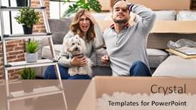  Presentation with new home - PPT theme consisting of young-hispanic-couple-sitting background and a coral colored foreground