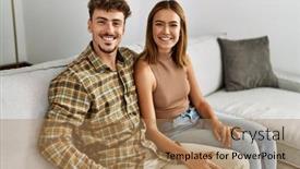  Presentation with young happy couple - PPT theme featuring young-hispanic-couple-smiling-happy background and a coral colored foreground