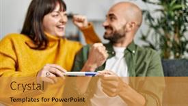  Presentation with young happy couple - Slide deck consisting of young-hispanic-couple-smiling-happy background and a gold colored foreground