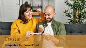  Presentation with young happy couple - PPT theme featuring young-hispanic-couple-smiling-happy background and a gold colored foreground