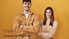  Presentation with young happy couple - PPT theme featuring young-hispanic-couple-standing-over background and a gold colored foreground