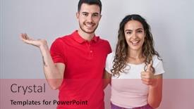  Presentation with hand palm - Presentation theme consisting of young-hispanic-couple-standing-over background and a  colored foreground