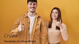  Presentation with young happy couple - Slide set having young-hispanic-couple-standing-over background and a gold colored foreground