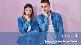  Presentation with pink nails - Presentation with young-hispanic-couple-standing-over background and a ocean colored foreground