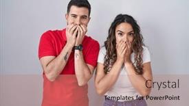  Presentation with scandal - Presentation design featuring young-hispanic-couple-standing-over background and a coral colored foreground