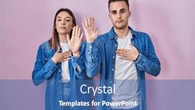  Presentation with hand palm - Presentation having young-hispanic-couple-standing-over background and a  colored foreground