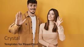  Presentation with saying - Presentation design consisting of young-hispanic-couple-standing-over background and a coral colored foreground