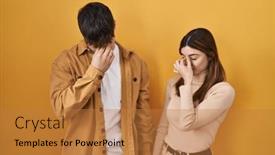  Presentation with headache - PPT theme enhanced with young-hispanic-couple-standing-over background and a gold colored foreground