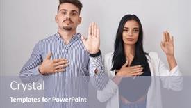  Presentation with hand palm - Presentation design featuring young-hispanic-couple-standing-over background and a gray colored foreground