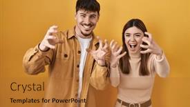  Presentation with yelling - Presentation theme consisting of young-hispanic-couple-standing-over background and a red colored foreground