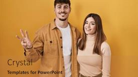  Presentation with young happy couple - PPT layouts with young-hispanic-couple-standing-over and a gold colored foreground