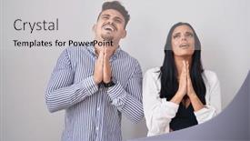  Presentation with praying hands - Presentation theme with young-hispanic-couple-standing-over and a light gray colored foreground