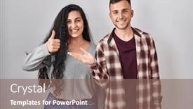  Presentation with young happy couple - PPT theme having young-hispanic-couple-standing-over and a violet colored foreground