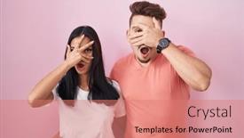  Presentation with eyes - PPT theme featuring young-hispanic-couple-standing-over and a coral colored foreground