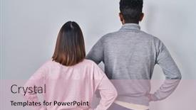  Presentation with five business people standing together and smiling - Slide deck having young-hispanic-couple-standing-together background and a soft green colored foreground