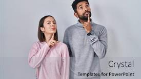  Presentation with five business people standing together and smiling - Theme consisting of young-hispanic-couple-standing-together background and a light gray colored foreground