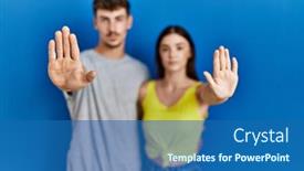  Presentation with hand palm - PPT theme consisting of young-hispanic-couple-standing-together background and a  colored foreground