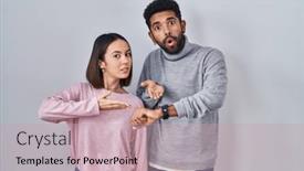  Presentation with upset - Presentation design enhanced with young-hispanic-couple-standing-together background and a coral colored foreground