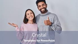  Presentation with five business people standing together and smiling - Slide deck with young-hispanic-couple-standing-together background and a seafoam green colored foreground