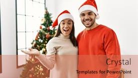 Presentation with young happy couple - Presentation design having young-hispanic-couple-standing background and a coral colored foreground