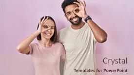  Presentation with young happy couple - Slide deck featuring young-hispanic-couple-together-over background and a  colored foreground