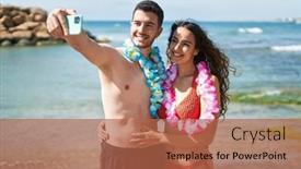 Presentation with tourists - Slide set consisting of young-hispanic-couple-tourists-wearing background and a red colored foreground