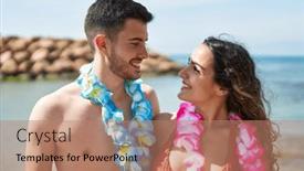  Presentation with hawaiian - Presentation theme enhanced with young-hispanic-couple-tourists-wearing background and a coral colored foreground