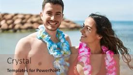  Presentation with hawaiian - Slide set with young-hispanic-couple-tourists-wearing background and a coral colored foreground