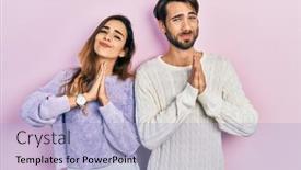 Presentation with praying hands - Presentation design consisting of young-hispanic-couple-wearing-casual background and a light blue colored foreground