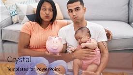  Presentation with piggy bank - Presentation theme having young-hispanic-couple-with-baby background and a coral colored foreground