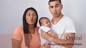  Presentation with comic couple - Presentation having young-hispanic-couple-with-baby background and a coral colored foreground