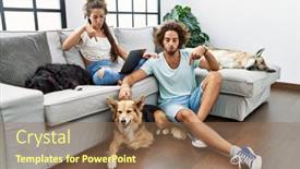  Presentation with dogs - PPT theme with young-hispanic-couple-with-dogs background and a coral colored foreground