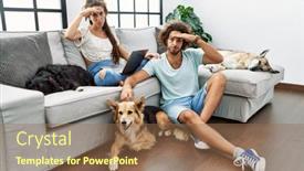  Presentation with dogs - Slide set with young-hispanic-couple-with-dogs background and a coral colored foreground