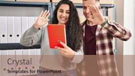  Presentation with young happy couple - Presentation theme consisting of young-hispanic-couple-working background and a coral colored foreground