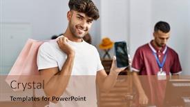  Presentation with customer verification - PPT theme with young-hispanic-customer-man-holding background and a coral colored foreground