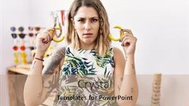  Presentation with concept - PPT theme with young-hispanic-customer-woman-holding background and a coral colored foreground