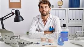  Presentation with simple medical - PPT theme having young-hispanic-dentist-man-working background and a light gray colored foreground