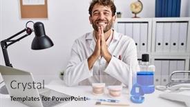  Presentation with working together - Presentation having young-hispanic-dentist-man-working background and a light gray colored foreground