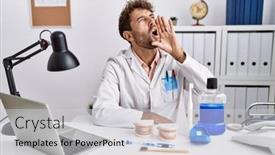  Presentation with medical hand - Presentation featuring young-hispanic-dentist-man-working background and a  colored foreground