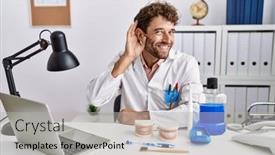  Presentation with medical ear - PPT layouts having young-hispanic-dentist-man-working background and a light gray colored foreground