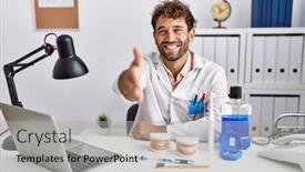  Presentation with medical business - PPT layouts with young-hispanic-dentist-man-working background and a light gray colored foreground