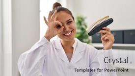  Presentation with teeth whitening - PPT theme featuring young-hispanic-dentist-woman-holding background and a light gray colored foreground