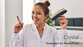  Presentation with teeth whitening - Presentation theme enhanced with young-hispanic-dentist-woman-holding background and a light gray colored foreground