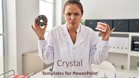  Presentation with denture - Presentation design consisting of young-hispanic-dentist-woman-holding background and a soft green colored foreground