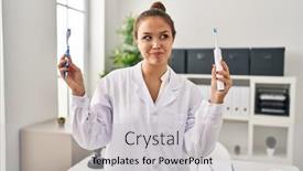  Presentation with ordinary - Presentation theme consisting of young-hispanic-dentist-woman-holding background and a light gray colored foreground