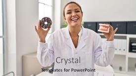  Presentation with denture - Presentation theme enhanced with young-hispanic-dentist-woman-holding background and a light gray colored foreground