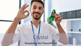  Presentation with ribbon green - Theme having young-hispanic-doctor-man-holding background and a light blue colored foreground